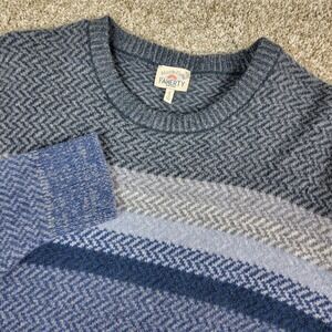 Faherty Mens Medium Gray Blue Striped Knit Sweater 100% Extra Fine Merino Wool